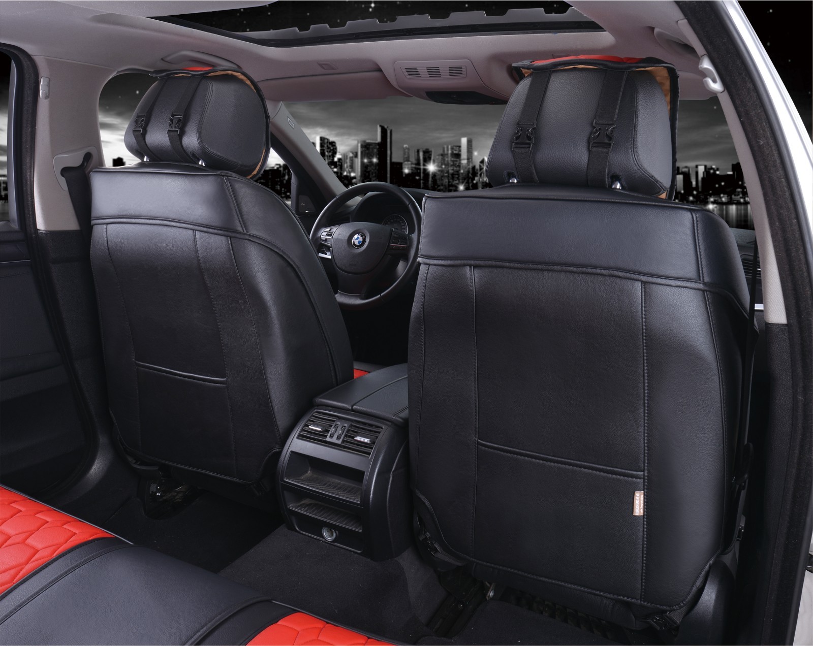 Juego completo de fundas de asiento universales de lujo de cuero PU negro para auto furgoneta cámper - - Image 5