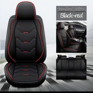 Fundas de asiento de auto y reposacabezas de cuero sintético negro con adornos rojos de lujo de 5 asientos-