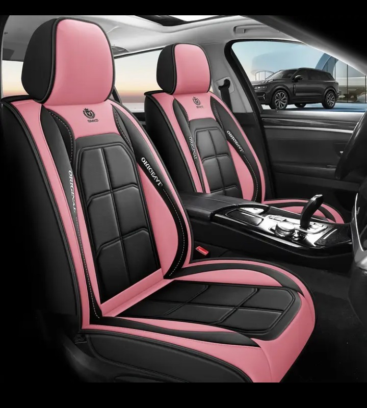 Fundas de asiento de coche y reposacabezas de cuero sintético rosa delantero y trasero de lujo - - Image 2
