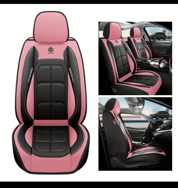 Fundas de asiento de coche y reposacabezas de cuero sintético rosa delantero y trasero de lujo - - Image 4