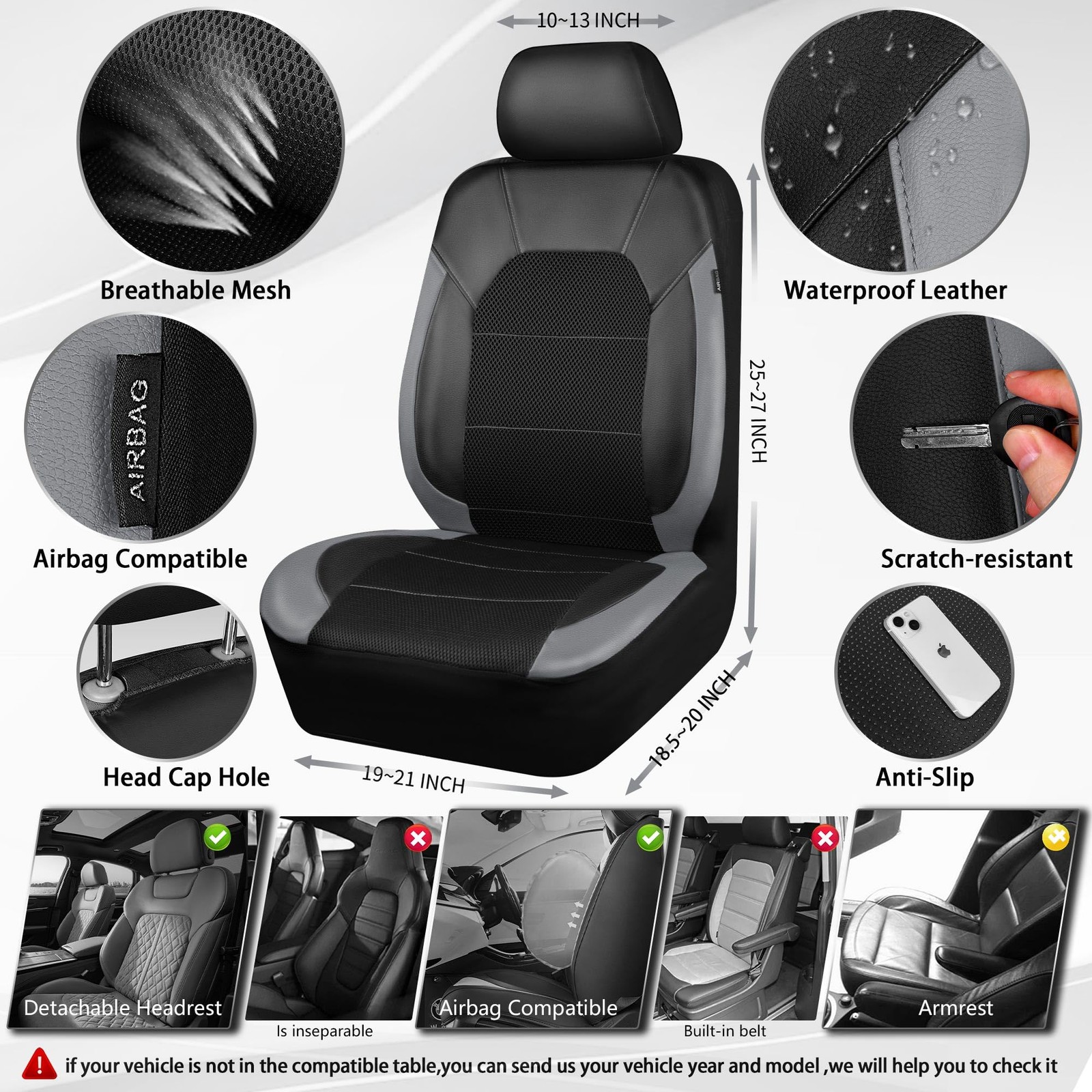 Fundas de asiento de coche de cuero CAR PASS solo asientos delanteros, con asiento delantero de malla de aire- - Image 2