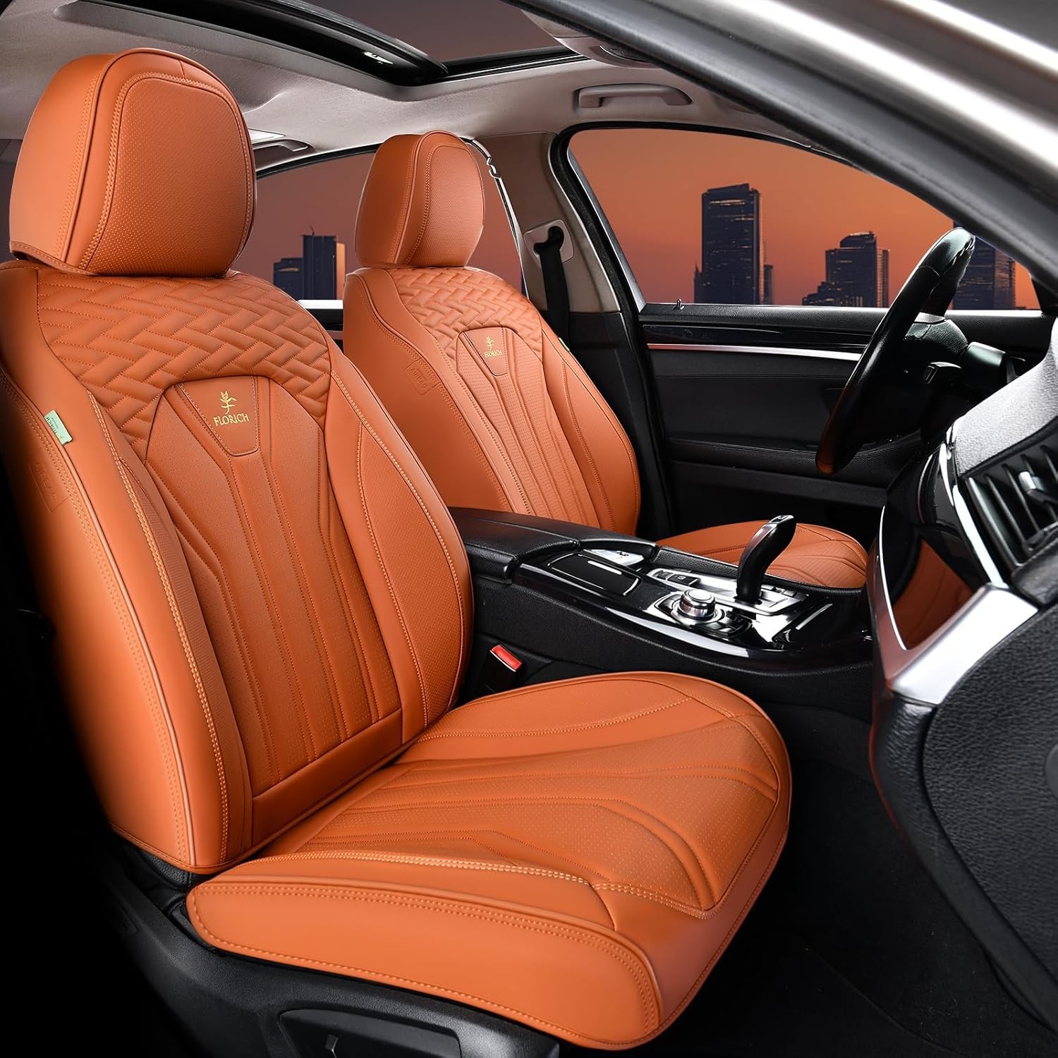FLORICH Fundas de Asiento, Fundas de Cuero para Coche Asientos Delanteros, Par Delantero, Naranja -