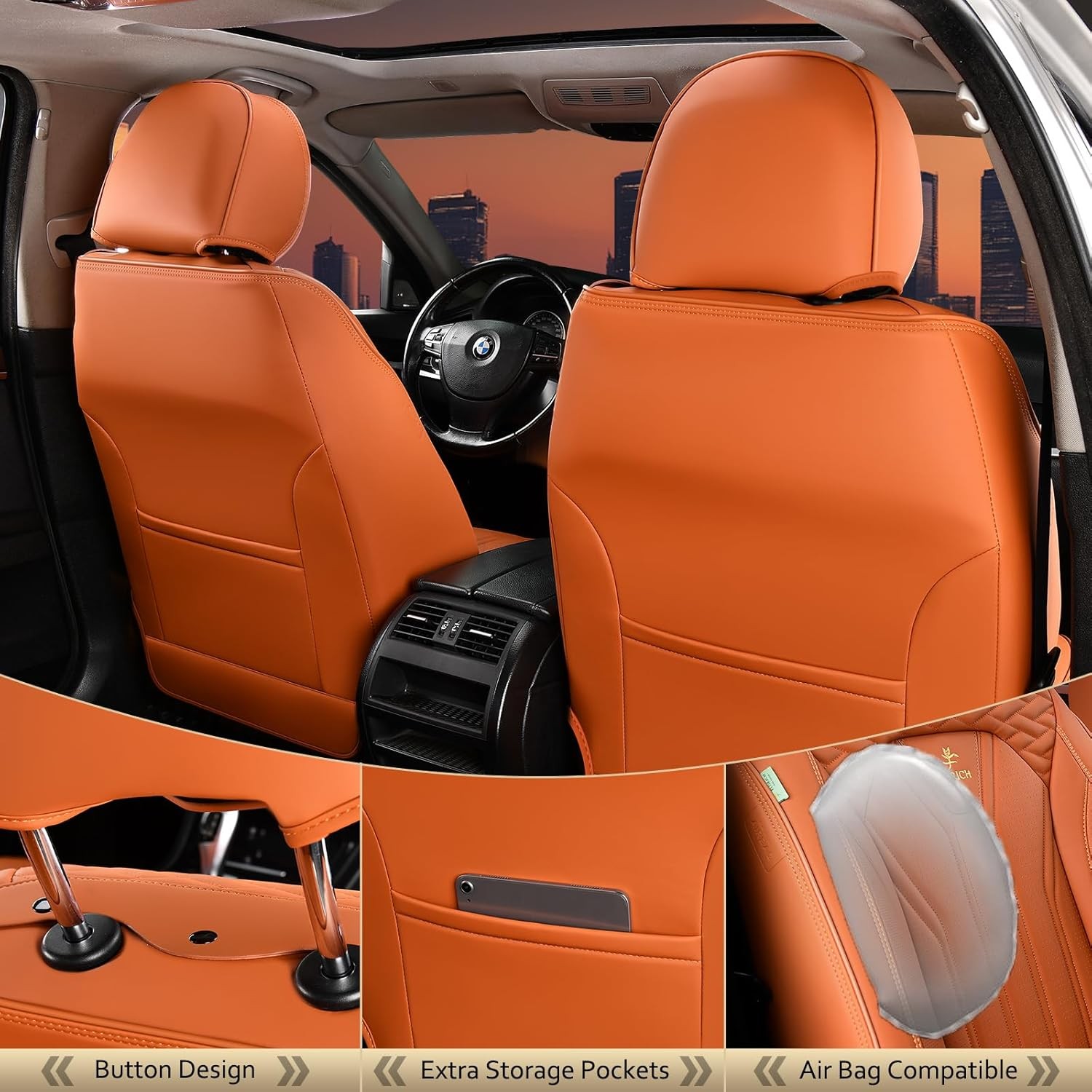 FLORICH Fundas de Asiento, Fundas de Cuero para Coche Asientos Delanteros, Par Delantero, Naranja - - Image 2
