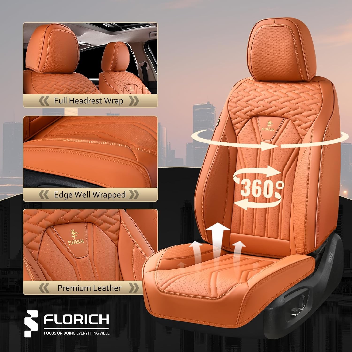 FLORICH Fundas de Asiento, Fundas de Cuero para Coche Asientos Delanteros, Par Delantero, Naranja - - Image 3