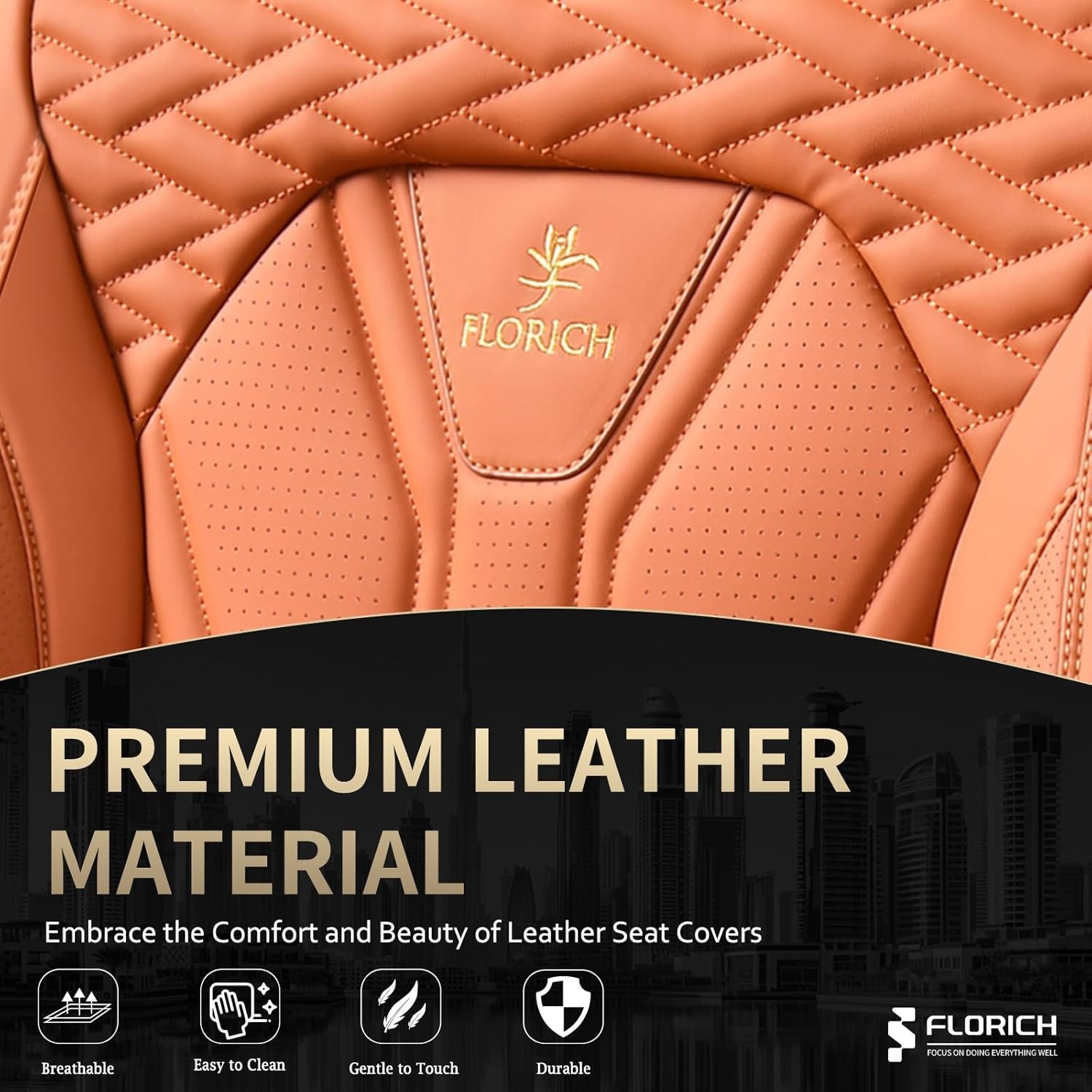 FLORICH Fundas de Asiento, Fundas de Cuero para Coche Asientos Delanteros, Par Delantero, Naranja - - Image 4