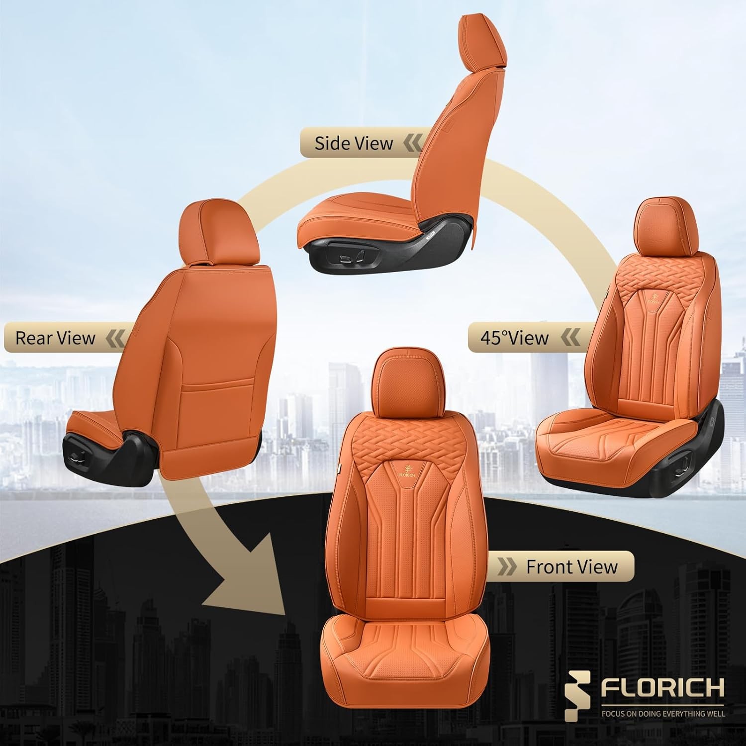 FLORICH Fundas de Asiento, Fundas de Cuero para Coche Asientos Delanteros, Par Delantero, Naranja - - Image 5