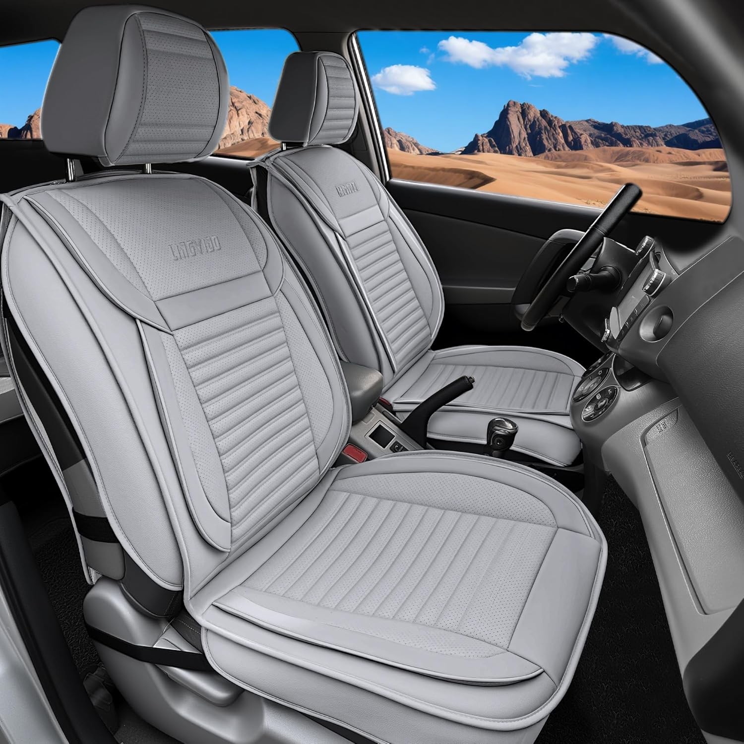 Juego completo de fundas de asiento de coche LINGVIDO, imitación transpirable e impermeable, gris -