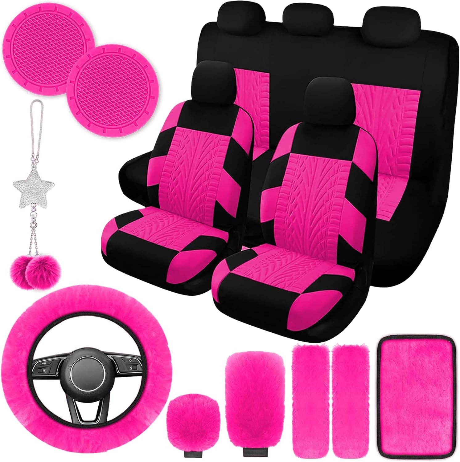Juego completo de 17 fundas de asiento de coche para mujer, estampado universal rosa en polvo -