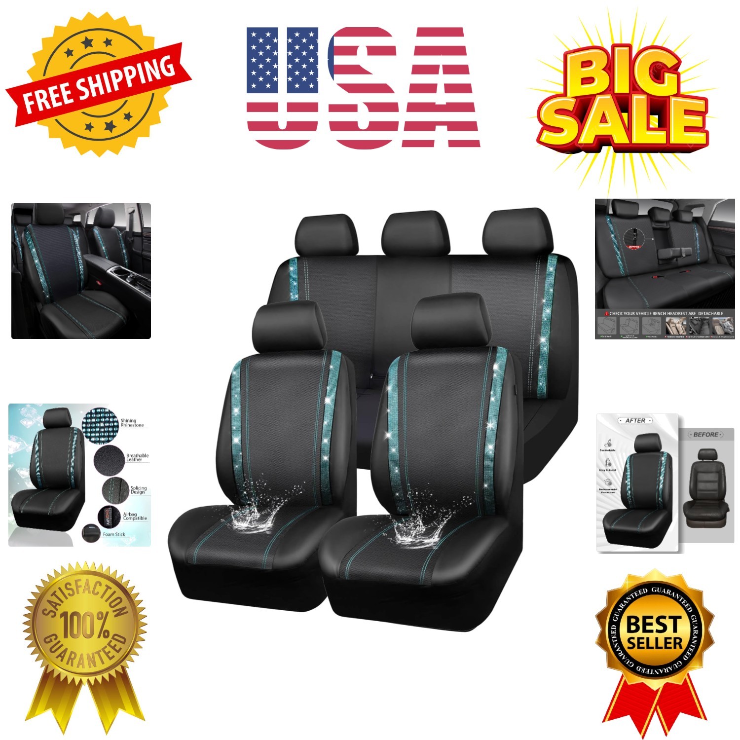 Juego completo de fundas de asiento de coche Bling, diamantes de imitación brillantes impermeables imitación le...-
