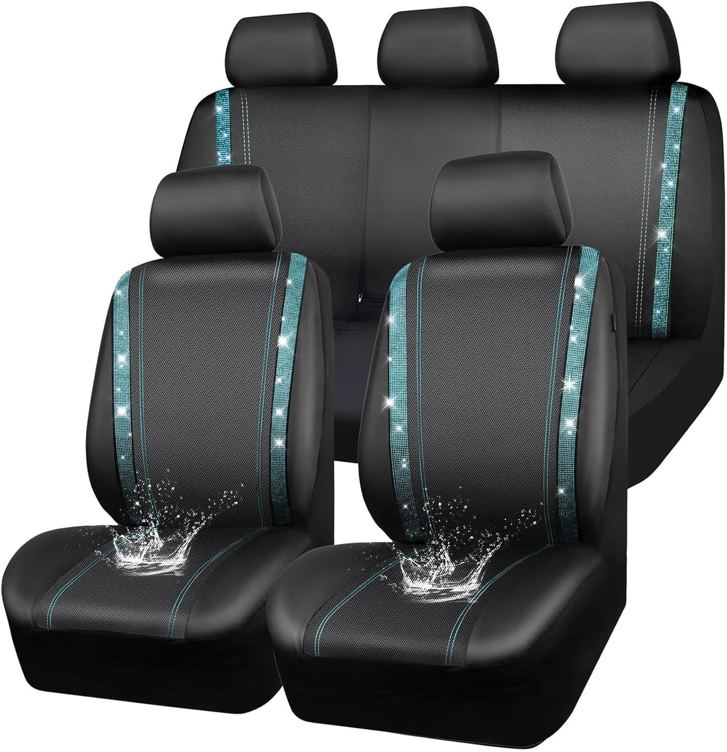 Juego completo de fundas de asiento de coche Bling, diamantes de imitación brillantes impermeables imitación le...- - Image 2