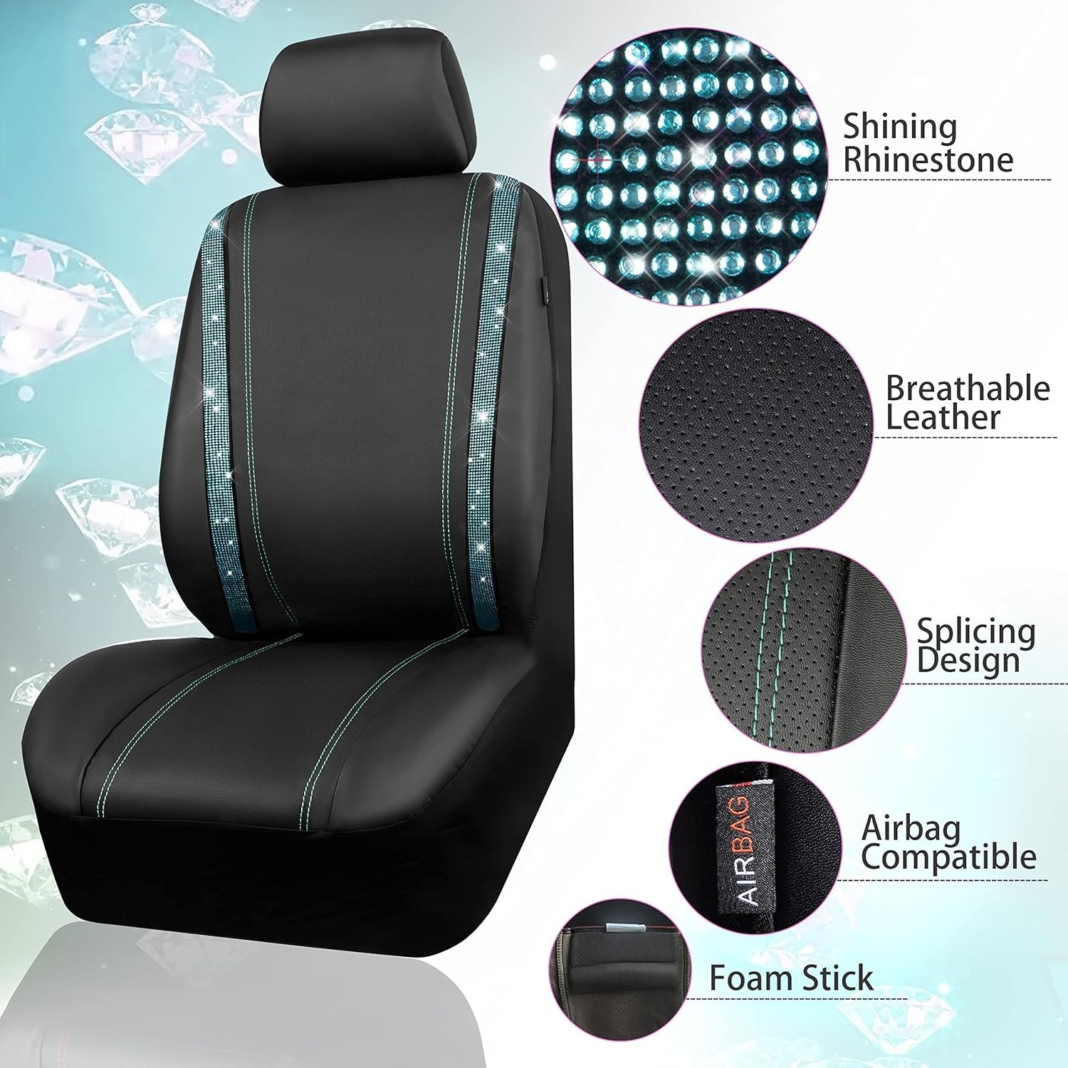 Juego completo de fundas de asiento de coche Bling, diamantes de imitación brillantes impermeables imitación le...- - Image 4