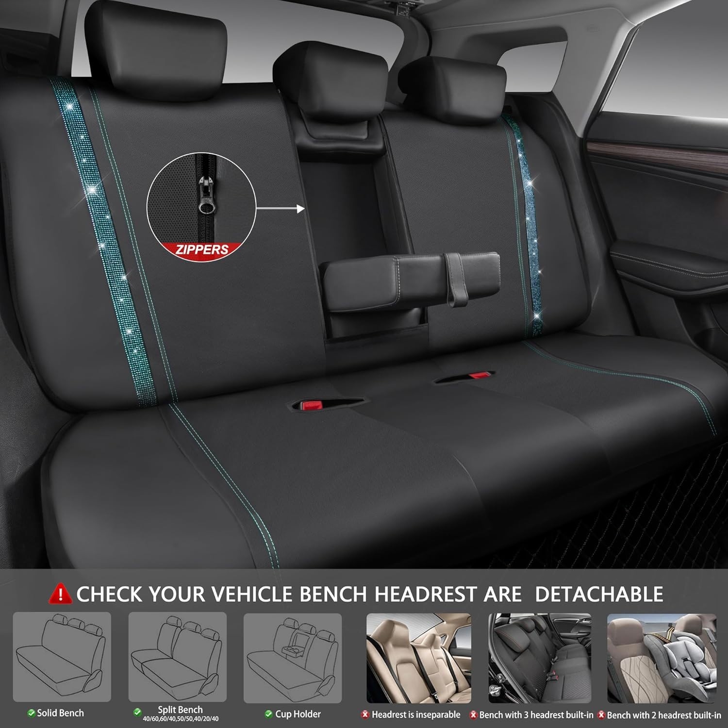 Juego completo de fundas de asiento de coche Bling, diamantes de imitación brillantes impermeables imitación le...- - Image 5