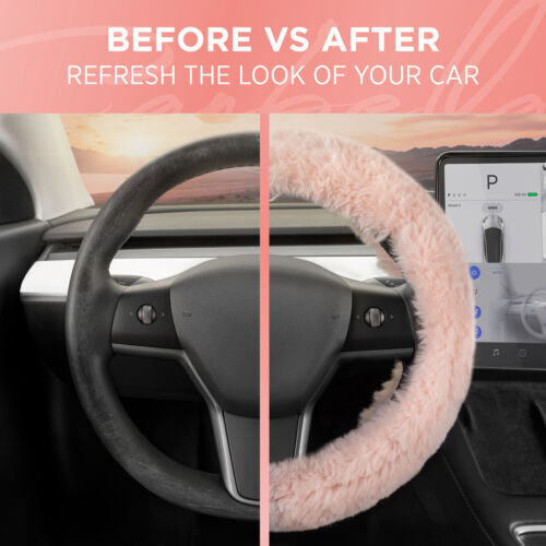 Cubierta de volante de coche de piel de oveja rosa suave Carbella para mujer piel difusa- - Image 4