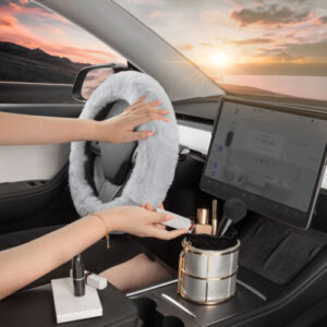 Cubierta de volante de coche de piel gris para mujer piel de oveja peluda difusa-