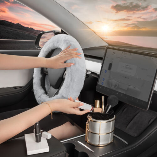 Cubierta de volante de coche de piel gris para mujer piel de oveja peluda difusa-