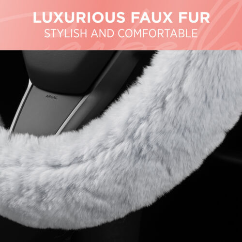 Cubierta de volante de coche de piel gris para mujer piel de oveja peluda difusa- - Image 5