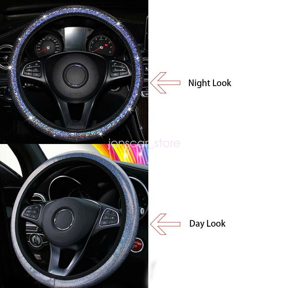 Automotive Starry Bling Silver Car Steering Wheel Cover Stretch On Universal Fit - Image 4