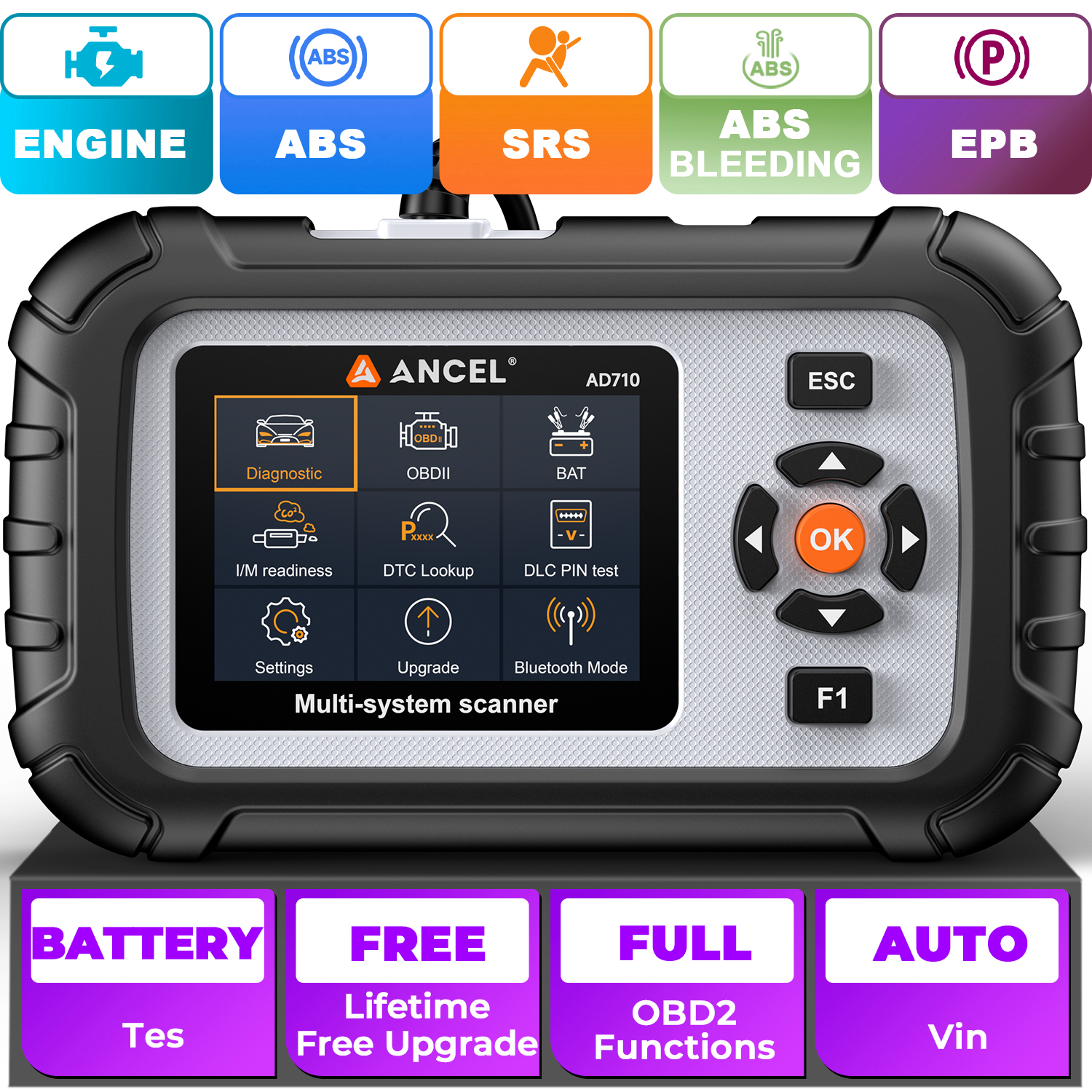 Escáner automotriz OBD2 ABS SRS diagnóstico del motor ABS sangrado EPB prueba de batería-