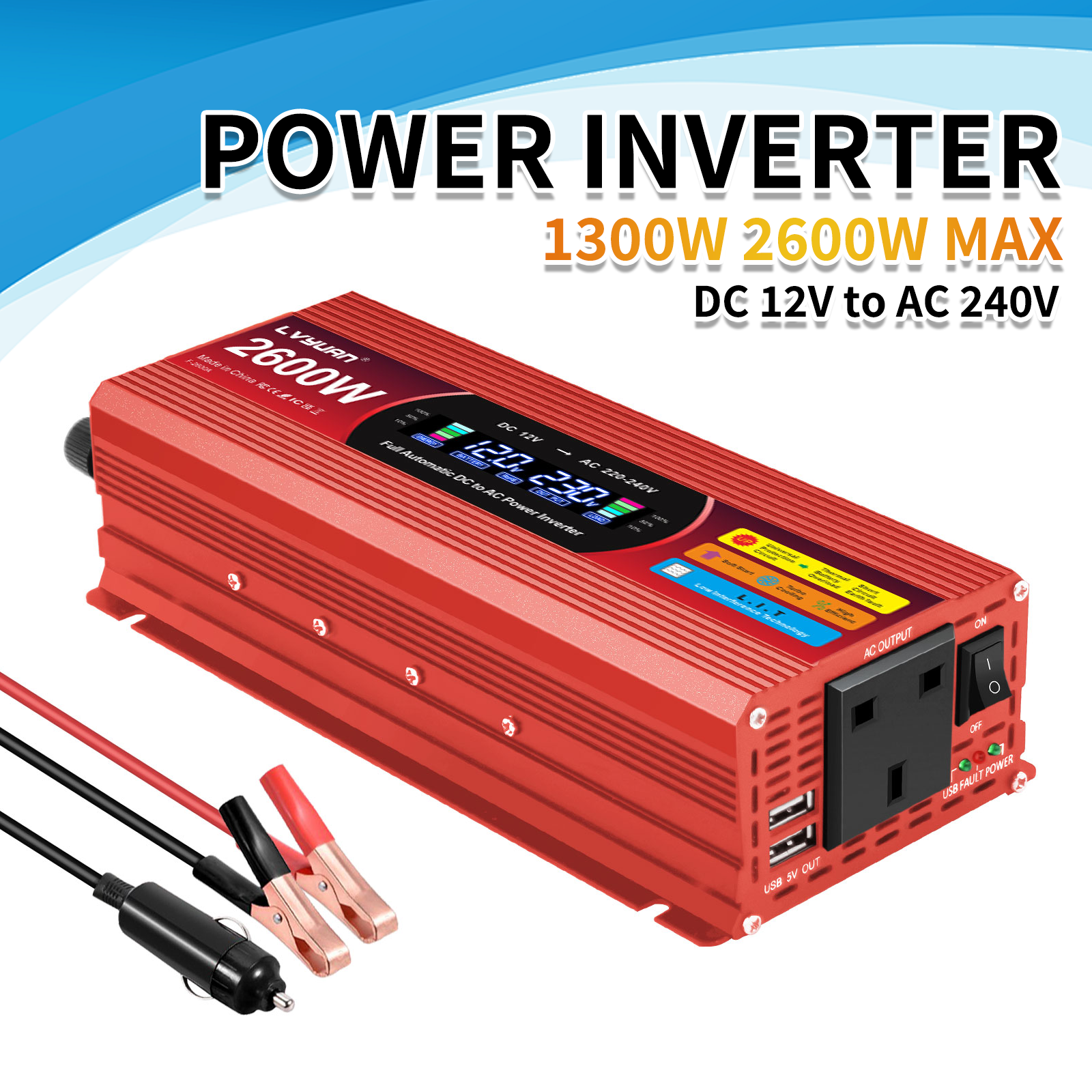 Inversores de potencia máxima 1300W 2600W DC 12v a 240v para vehículos con tomas de CA 2USB-