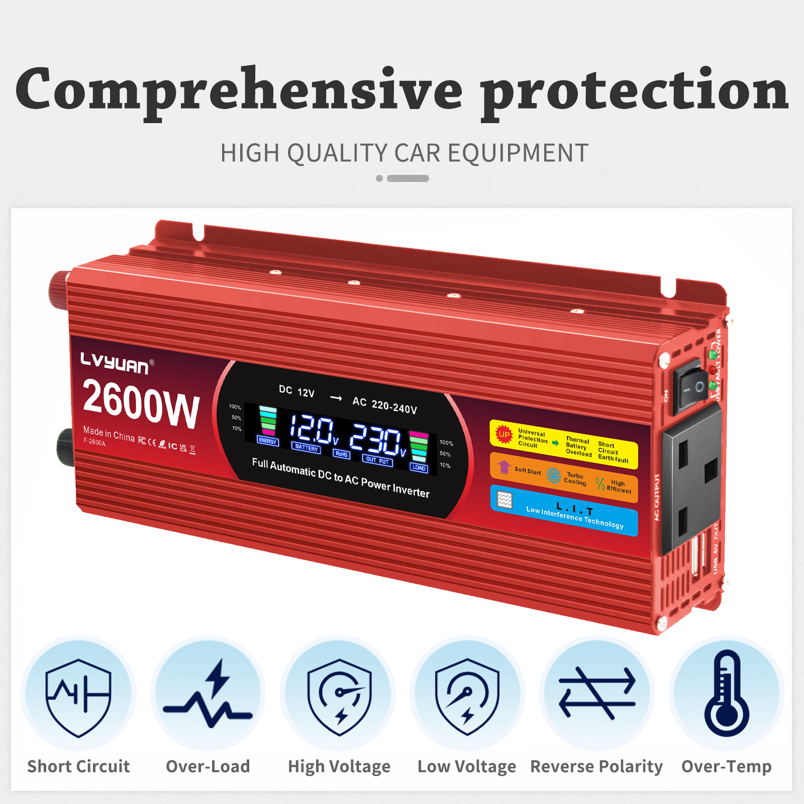 Inversores de potencia máxima 1300W 2600W DC 12v a 240v para vehículos con tomas de CA 2USB- - Image 4