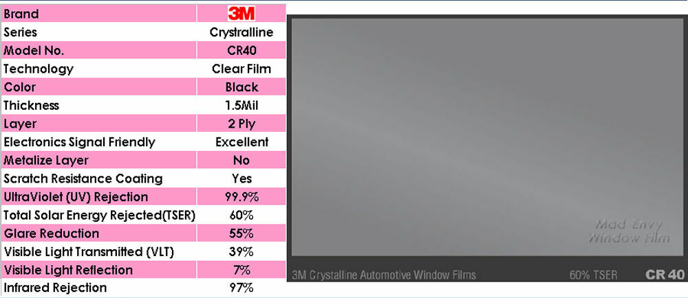 3M Crystalline CR40 40% VLT Automotive Car Window Tint Film Roll Size 60" x 20" - Image 3