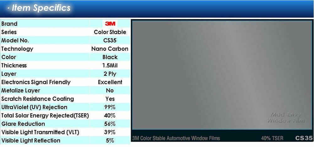 3M Color Stable CS35 35% VLT Automotive Car Window Tint Film Roll Size 30" x 12" - Image 3