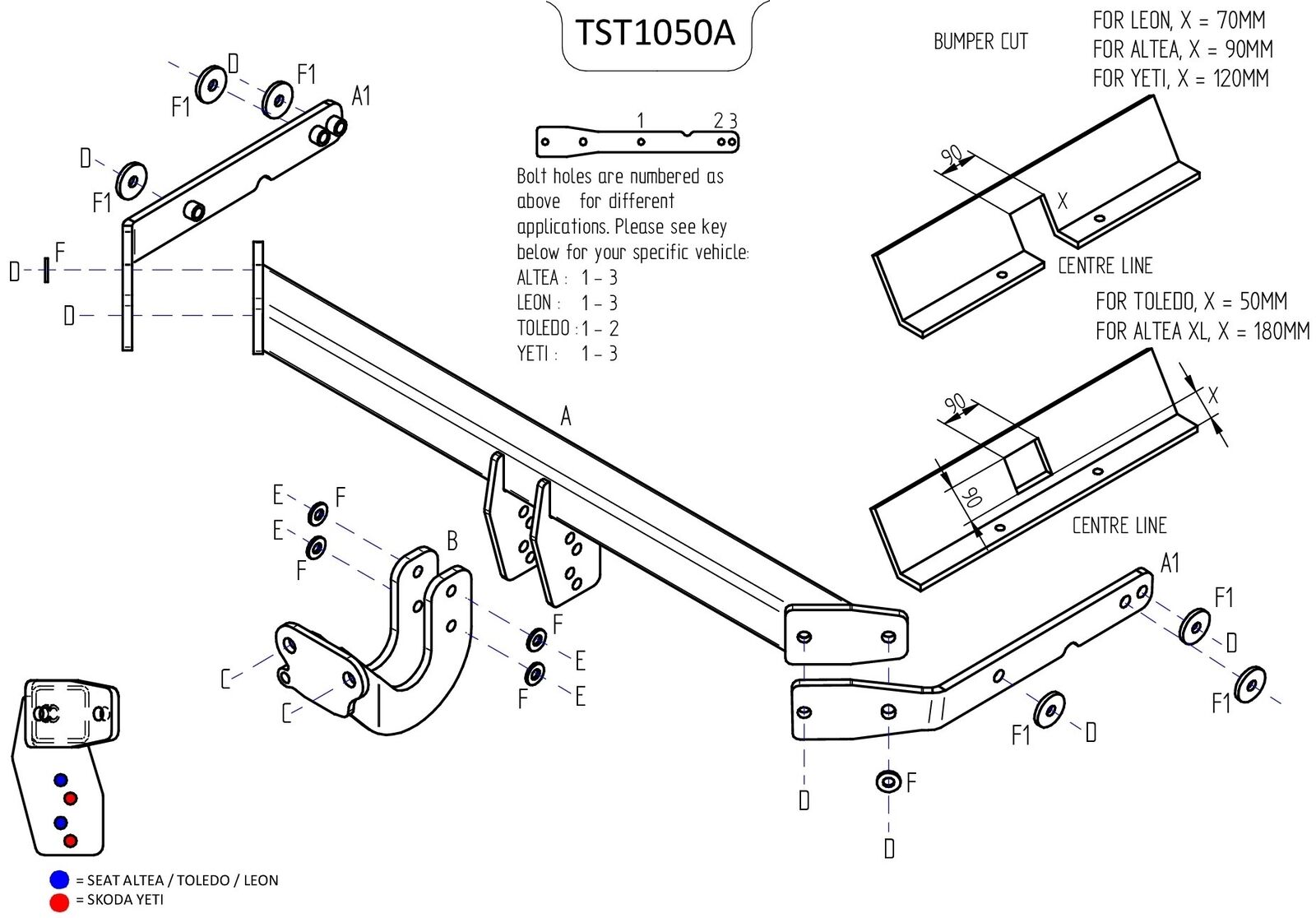 Barra de remolque de acero automotriz con brida fija Towtrust para SEAT León 2005 a 2013-