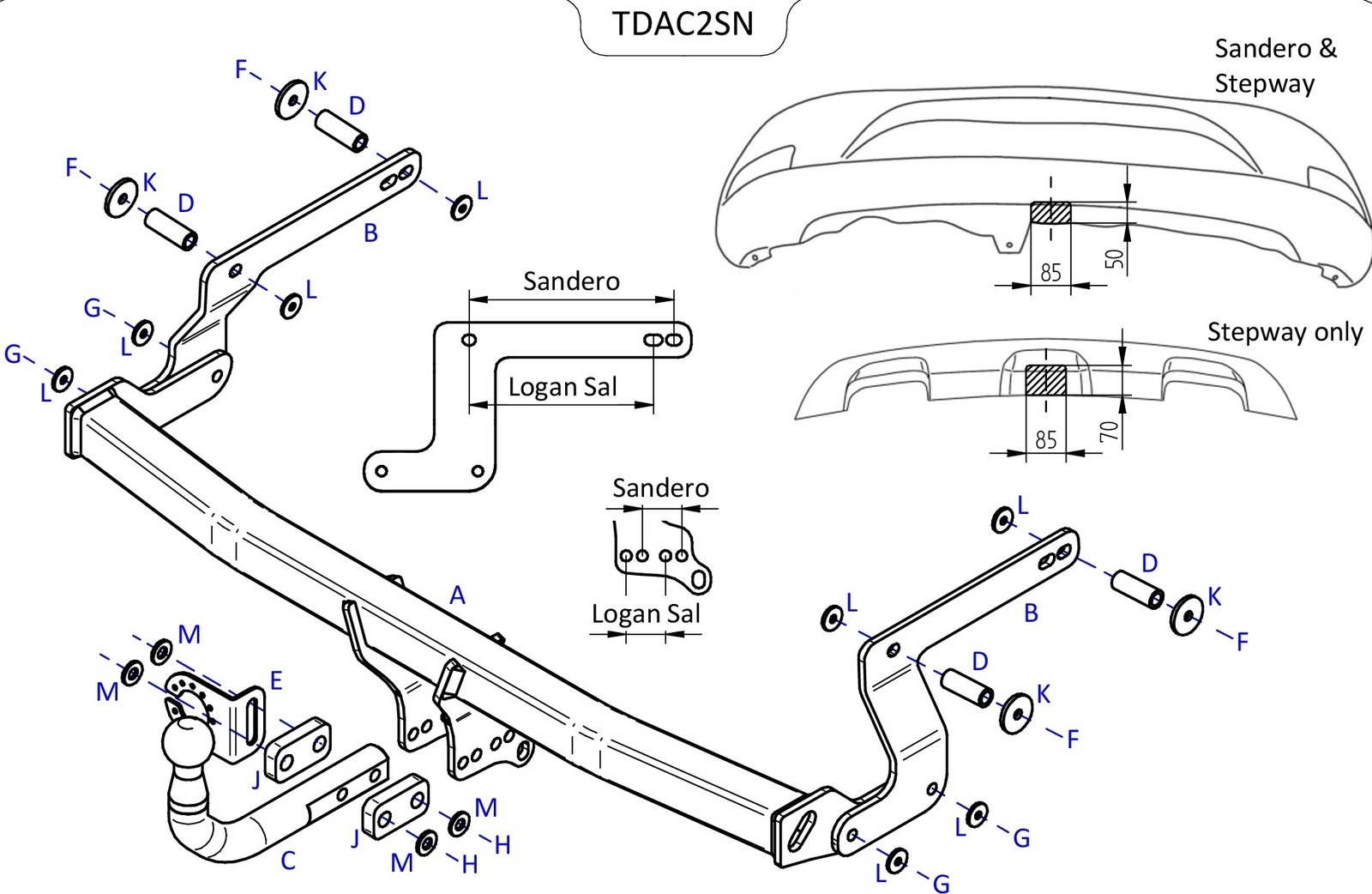Barra de remolque automotriz Towtrust cuello de cisne para Dacia Sandero Stepway 2012 a 2020-