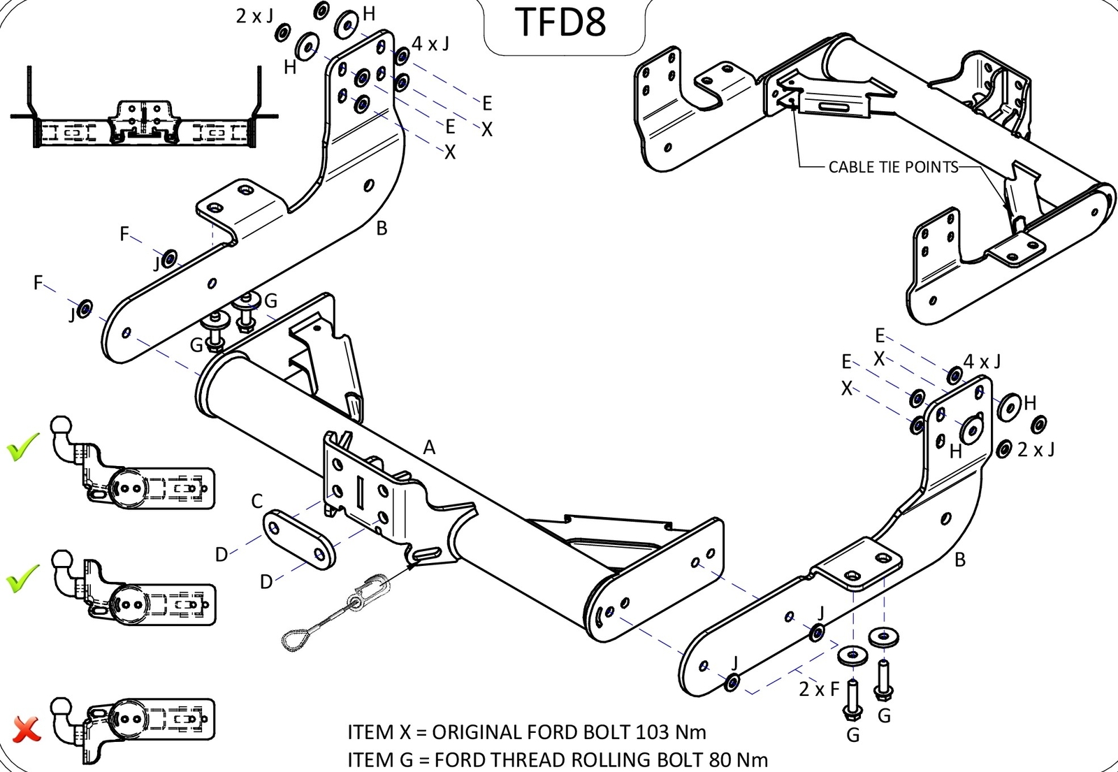 Barra de remolque automotriz de brida fija Towtrust para furgoneta Ford Transit 2014 - encendida-