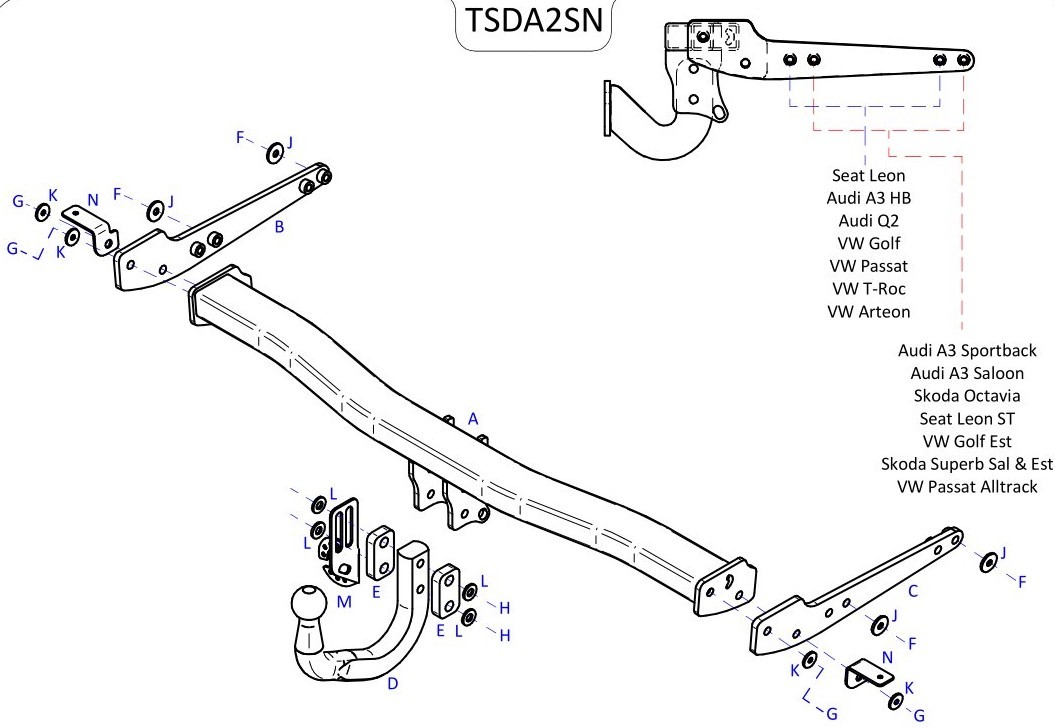 Barra de remolque automotriz Towtrust cuello de cisne para Audi A3 Sportback 2020 en adelante-