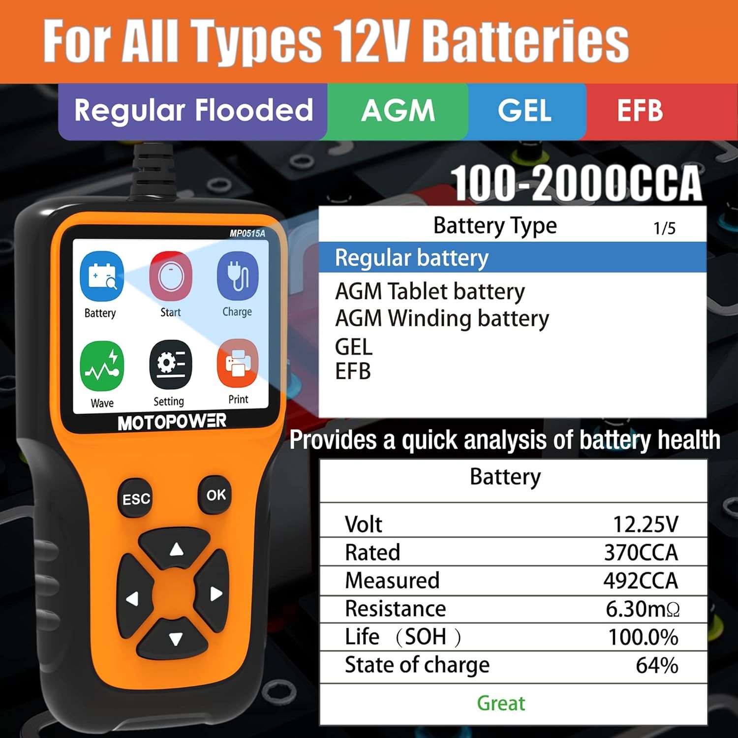 Probador de batería de coche MOTOPOWER MP0515A 12V automotriz 100-2000 CCA plateado - - Image 3