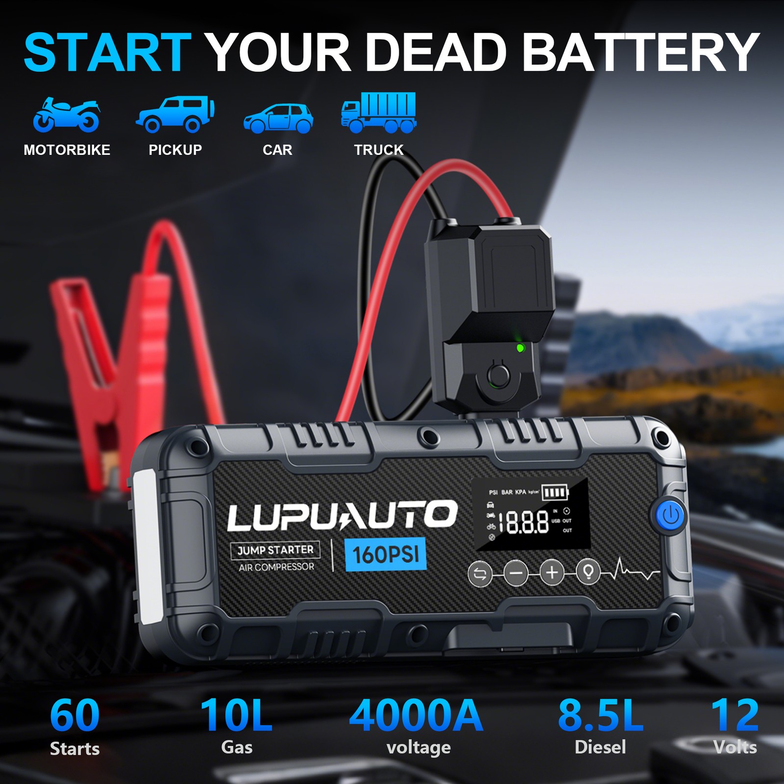 Arrancador de salto para automóvil de 8000 mAh con compresor de aire banco de energía USB- - Image 5