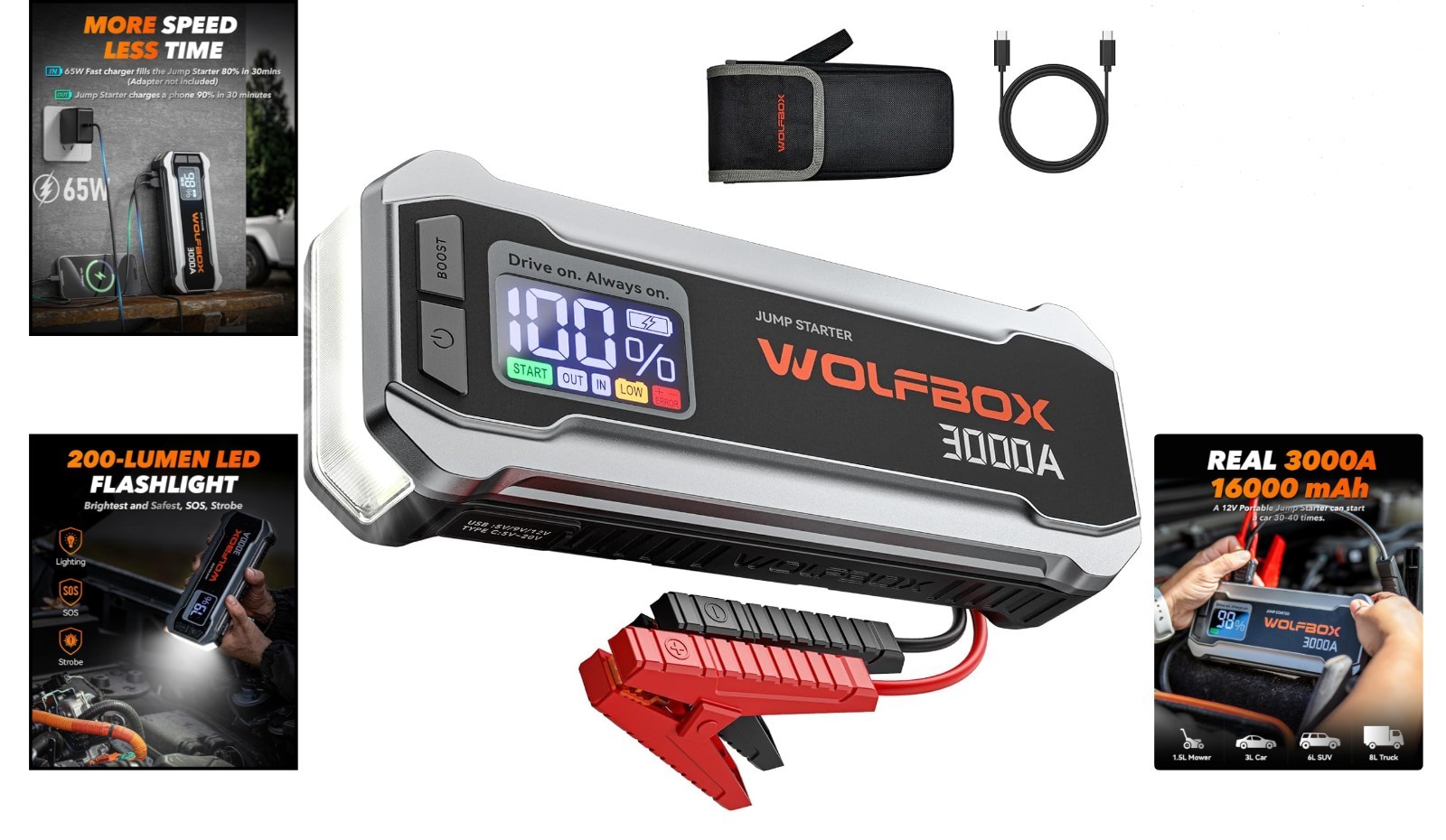 WOLFBOX 3000A Jump Starter Power Pack 12V Batería de Coche Booster Jump Starter con- - Image 2