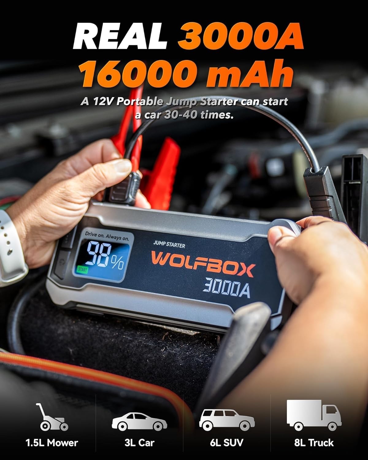 WOLFBOX 3000A Jump Starter Power Pack 12V Batería de Coche Booster Jump Starter con- - Image 4