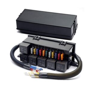 Caja de fusibles automotrices negra de 11 vías con 6 relés para distribución eléctrica-