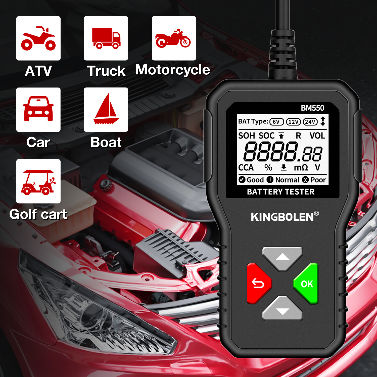 Probador de batería de coche KINGBOLEN BM550 6V 12V 24V dispositivo de diagnóstico automático 100-2000CCA- - Image 4
