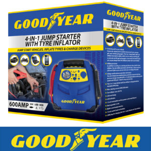 Arrancador de salto de batería de coche Goodyear 4 en 1|Inflador de neumáticos|Cargador rápido|Banco de energía-