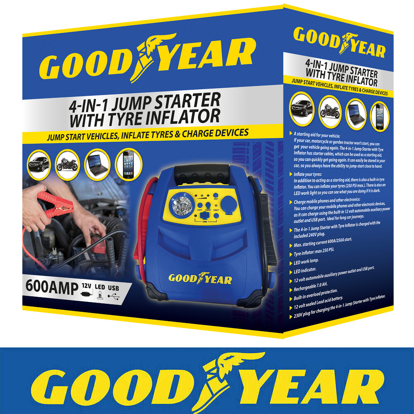 Arrancador de salto de batería de coche Goodyear 4 en 1|Inflador de neumáticos|Cargador rápido|Banco de energía-