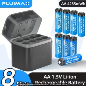 Paquete de 8 baterías de litio recargables AA de 1,5 V 4255 mWh con caja de cargador rápido de 8 ranuras-