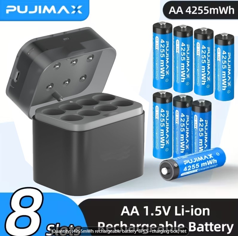 Paquete de 8 baterías de litio recargables AA de 1,5 V 4255 mWh con caja de cargador rápido de 8 ranuras-