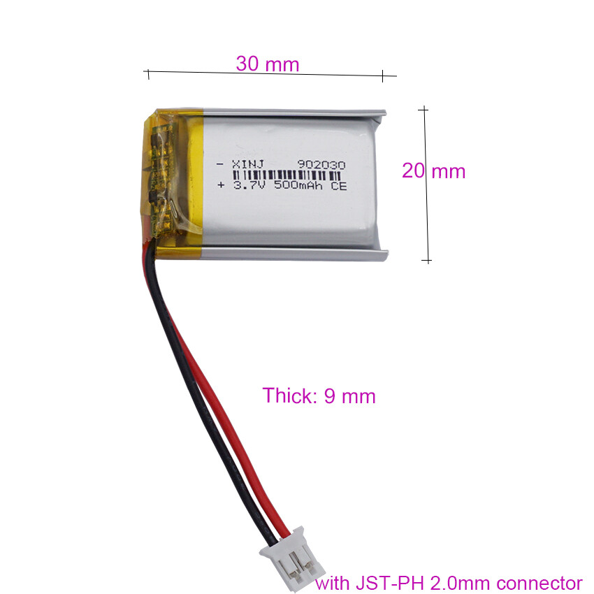 Batería Li 902030 Li-ion 2 pines JST-PH 2.0mm 2 piezas 3.7V 500mAh 1.85Wh- - Image 3