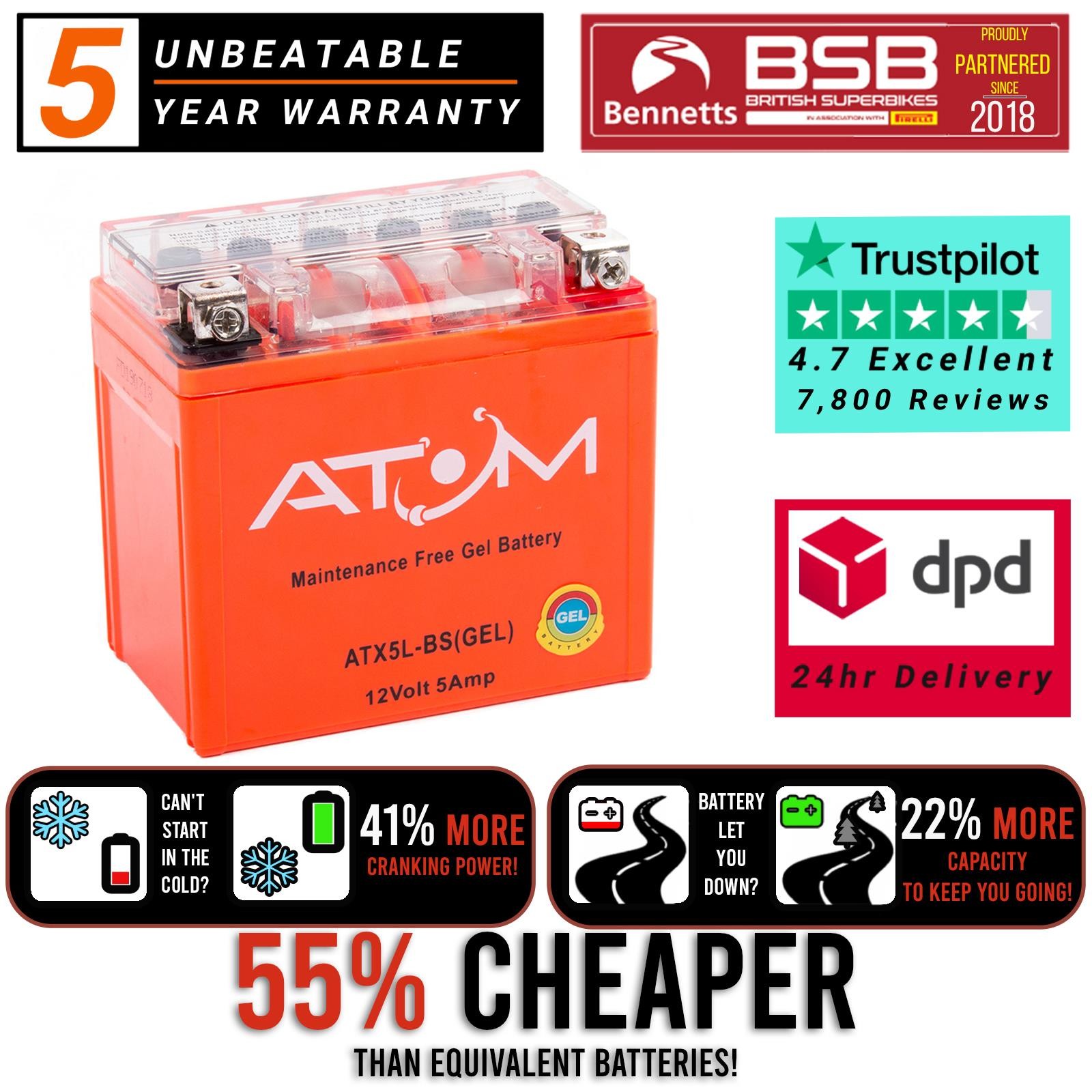 Batería de gel para motocicleta YTX5L-BS Atom para Kawasaki KLX 450 R 08-19-