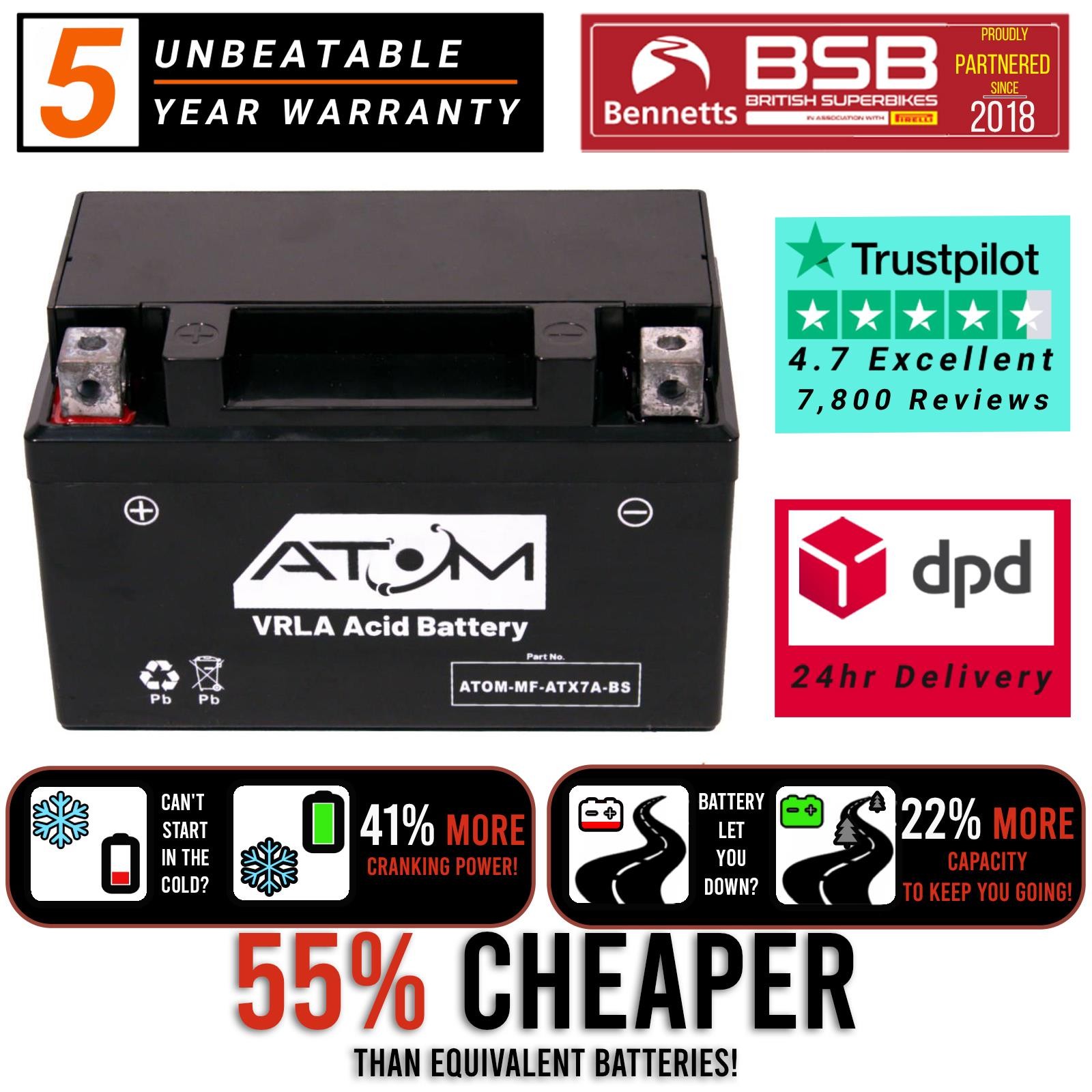 Batería de moto YTX7A-BS Atom AGM 12V - Lexmoto Titan 125 ZN125T-8F 17-21-