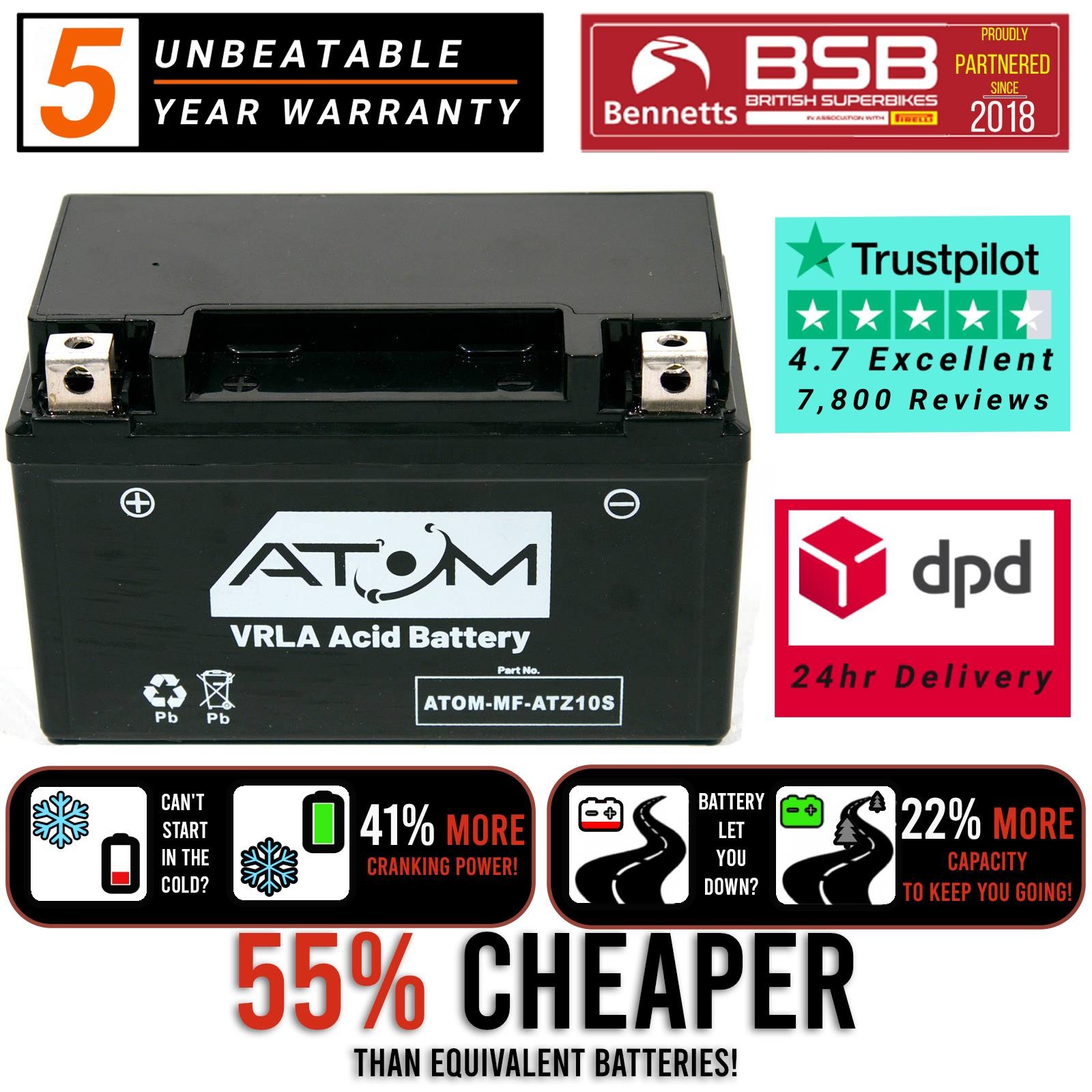 Batería de moto YTZ10S Atom AGM 12V para Yamaha XSR 900 2016-2021-
