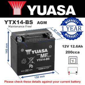 Batería Original Yuasa YTX14-BS Alta Potencia AGM GEL Moto Motocicleta YTX14BS-