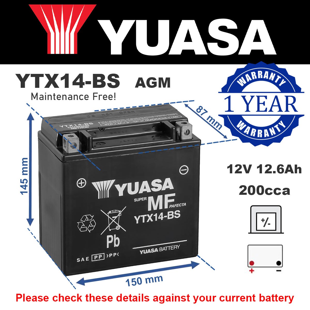 Batería Original Yuasa YTX14-BS Alta Potencia AGM GEL Moto Motocicleta YTX14BS-