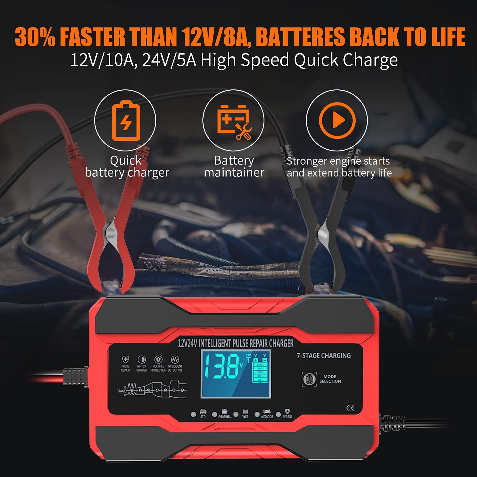 Cargador de Batería YONHAN 10 Amperios 12V y 24V Totalmente Automático Coche Inteligente Rojo 10A - - Image 2