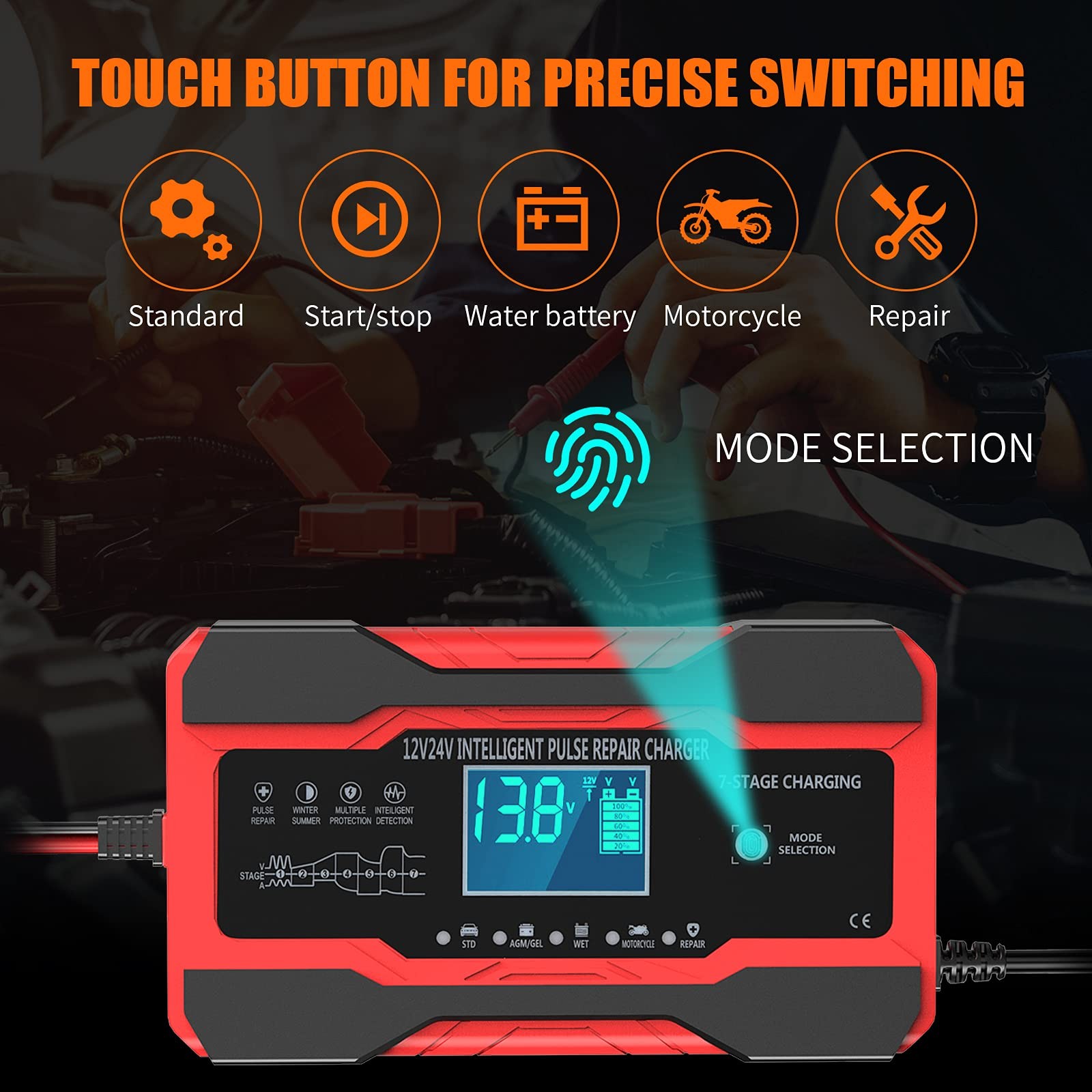 Cargador de Batería YONHAN 10 Amperios 12V y 24V Totalmente Automático Coche Inteligente Rojo 10A - - Image 4