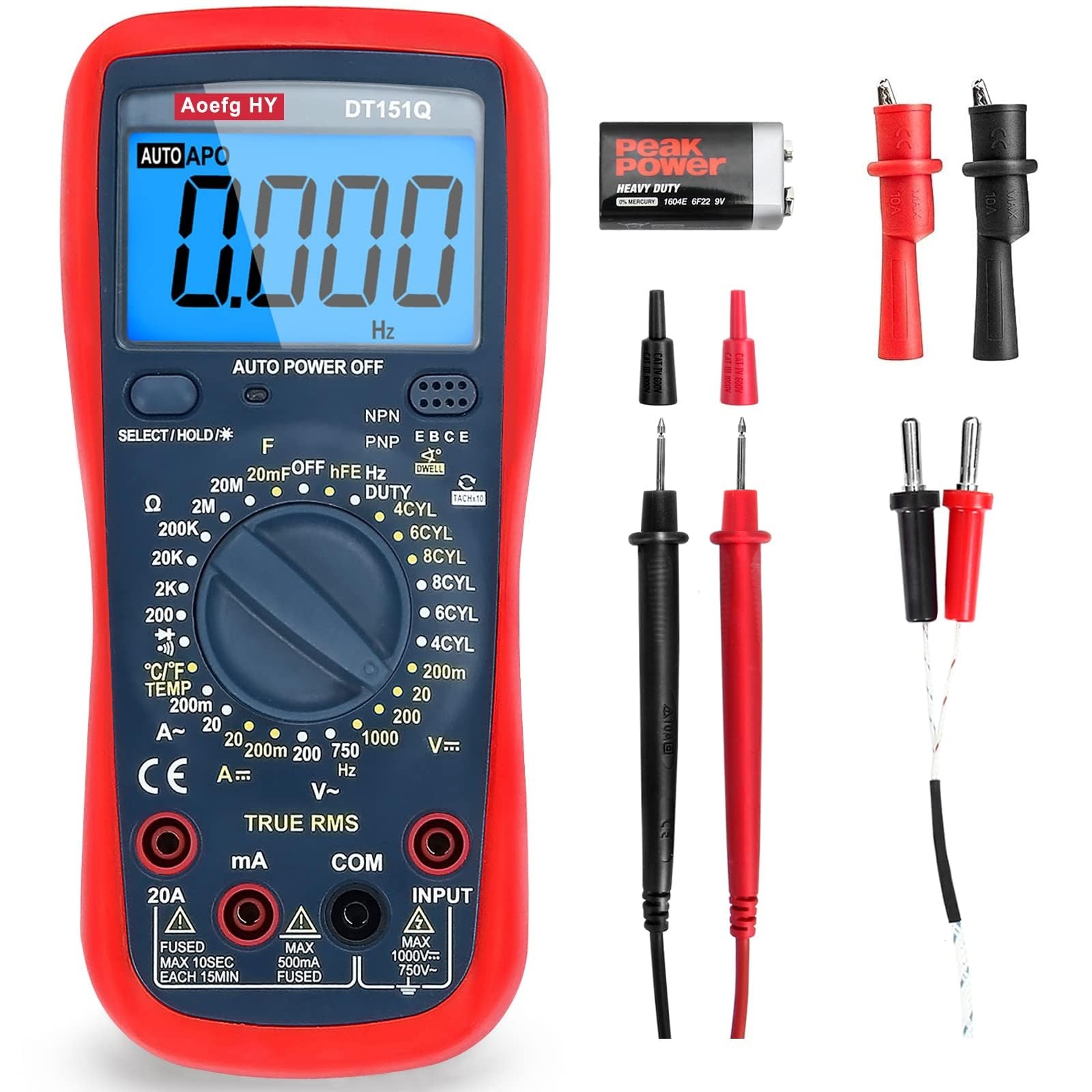 Multímetro Automotriz, True RMS CAT III 600V, Probador de Voltaje/Corriente AC/DC, T...-