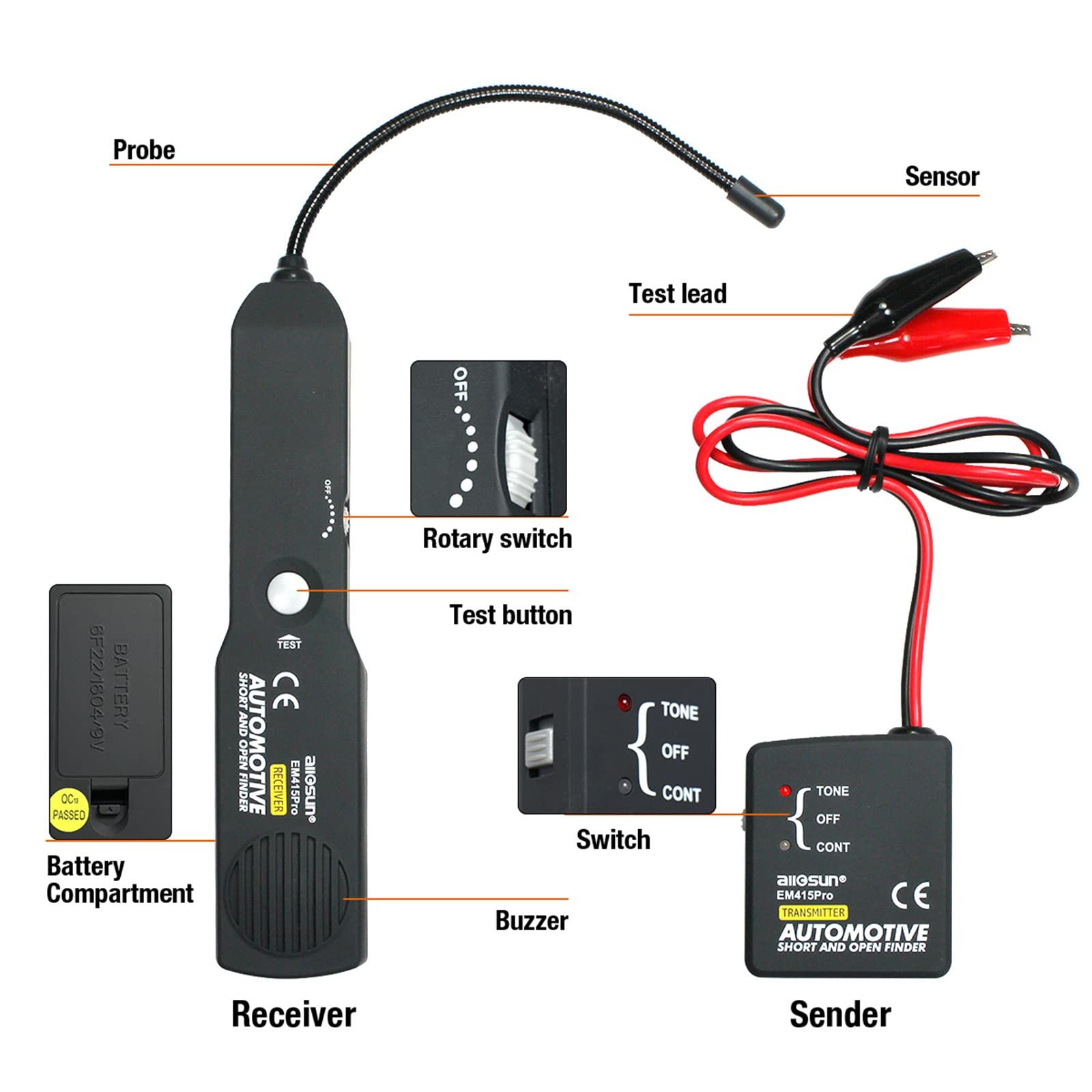 Probador de circuitos automotrices y rastreador de cables, DC 6-42V, sonda flexible, localización de fallas...- - Image 3